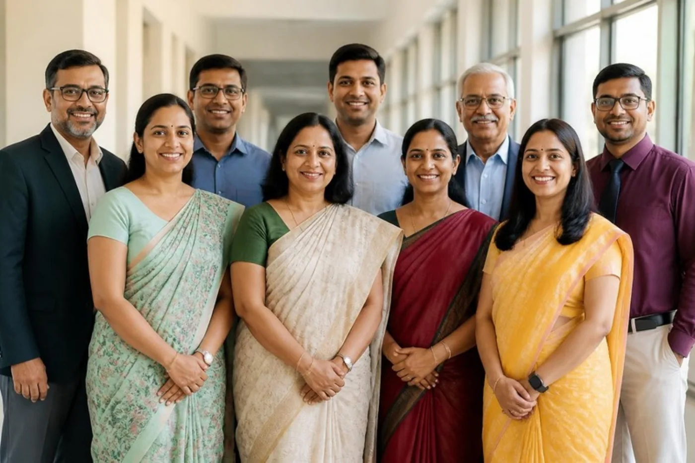 A group of smiling teachers standing together in a school corridor